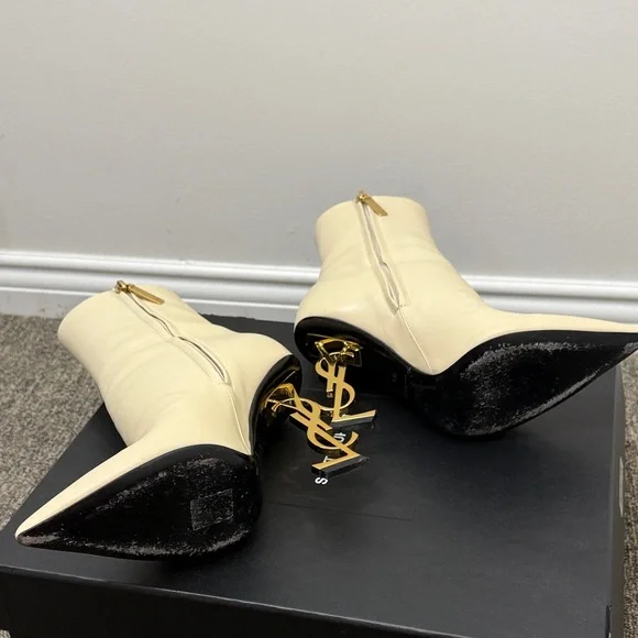Saint Laurent Cream Leather Opyum Logo Heel Ankle Boots - Picture 9 of 9